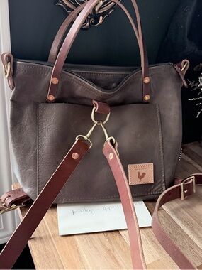 Leather Tote Bag with Removable Straps - Brown